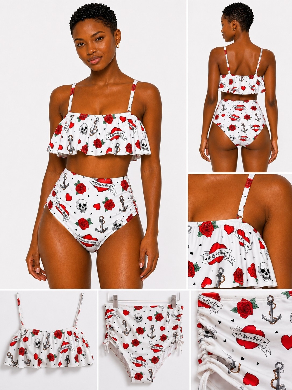 AS ROSE RICH White Red Roses & Skulls Ruffle Top - High-Waist Bikini Set MED NWT